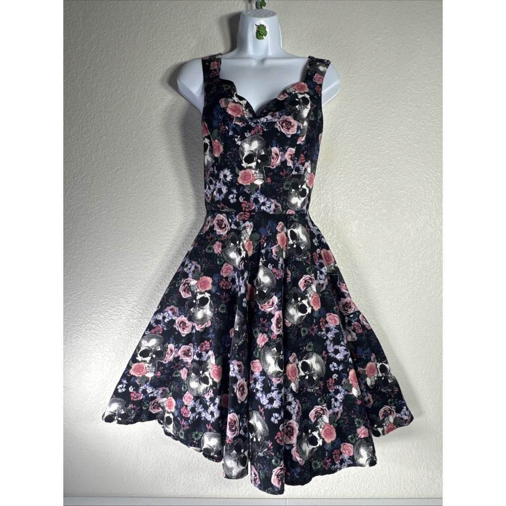 HELL BUNNY Skull & Roses Dress Medium Rockabilly Gothic Pinup Spooky Whimsigoth